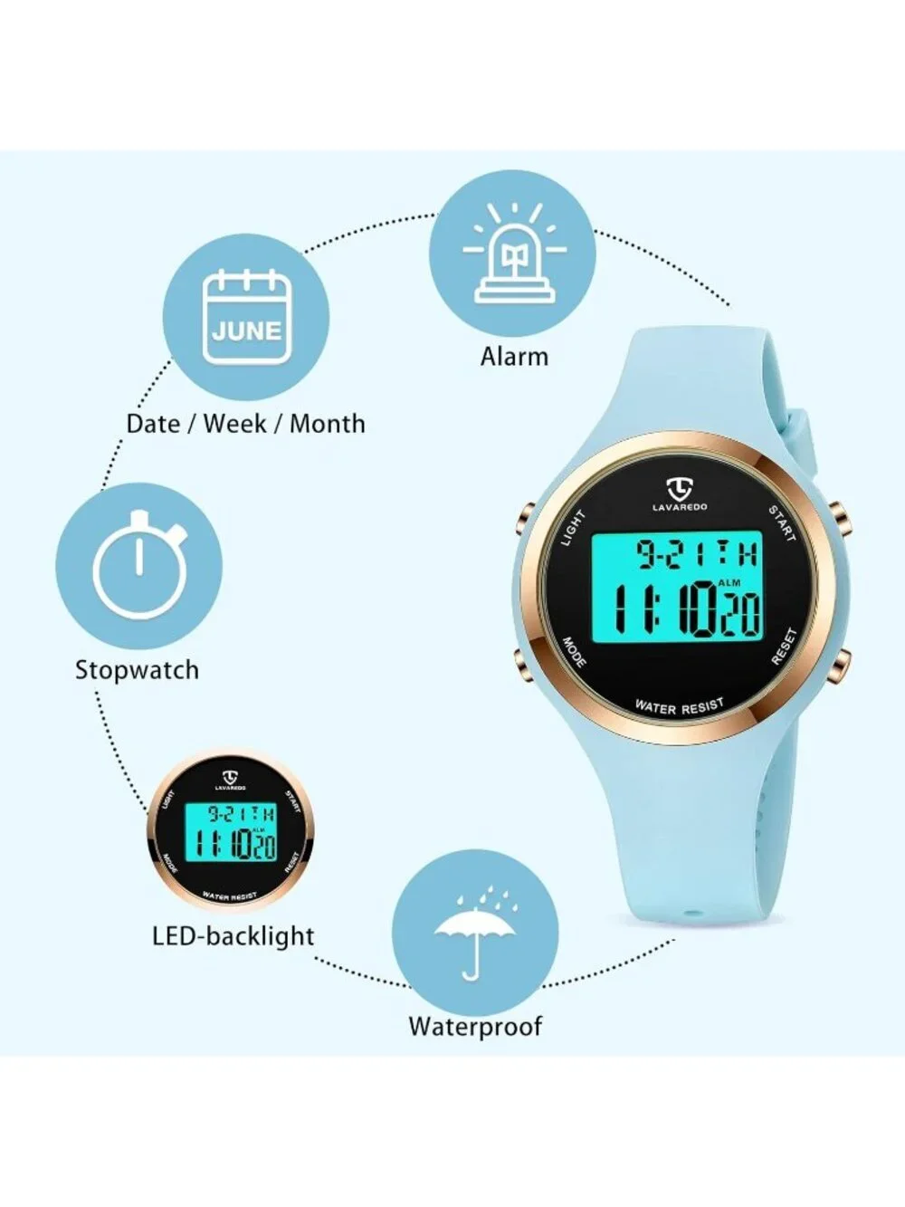 Women's Light Blue Quartz Chronograph Waterproof Outdoor Sport Digital Watch